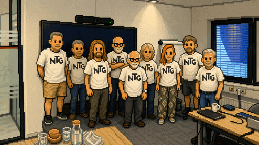 Ten members of the Dutch-language TeX user group in a meeting room, drawn as pixel art, all wearing NTG shirts, with a webcam above the screen behind them.